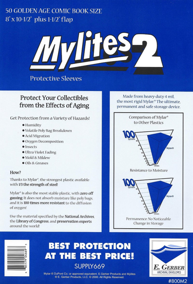 Mylites 2 Mil Comic Book Golden Age Size 8" x 10 1/2" Plus 1-1/2" Flap Pack of 50